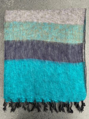 Sjaal van Yakwol Jakwol Jak wollen handmade Shawls of Yakwool Nepal gestreept blauw grijs groen beige