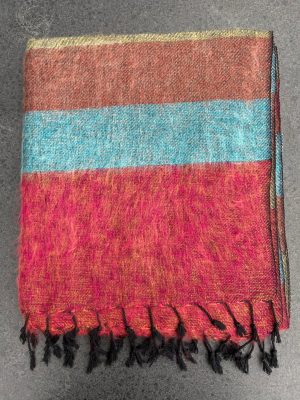 Sjaal van Yakwol Jakwol Jak wollen handwerk omslagdoek Nepal gestreept rood bruin blauw geel