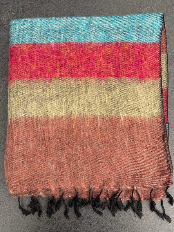 Sjaals van Yakwol Jak wol Yakwollen handwerk vrouwen Himalaya gestreept rood geel blauw bruin
